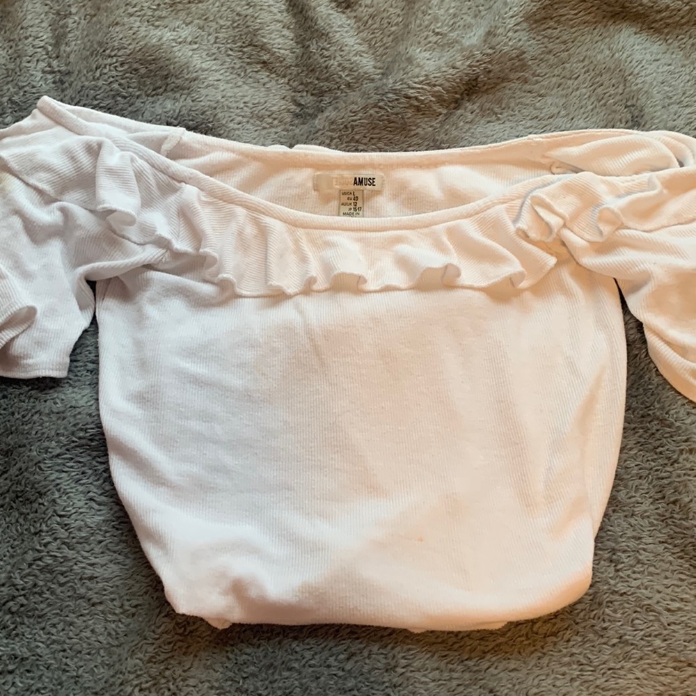 White ruffled crop top- can be worn off shoulders or on!
